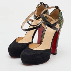 Christian Louboutin Black/Green Suede and Python Ankle Strap Platform Pumps Size 38.5