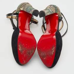 Christian Louboutin Black/Green Suede and Python Ankle Strap Platform Pumps Size 38.5