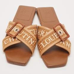 Christian Louboutin Brown Logo Canvas and Leather Crossimule Flat Slides Size 40