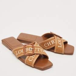 Christian Louboutin Brown Logo Canvas and Leather Crossimule Flat Slides Size 40