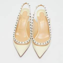 مملوكة مسبقًا Christian Louboutin Cream/Transparent Patent and PVC Brigandine Spike Slingback Pumps Size 37