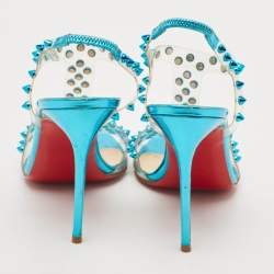 Pre Owned Christian Louboutin Blue Turquoise Spiked PVC J-Lissimo T Strap Sandals Size 38.5