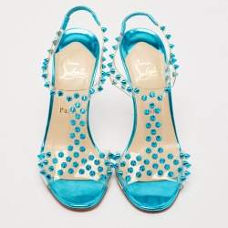 Pre Owned Christian Louboutin Blue Turquoise Spiked PVC J-Lissimo T Strap Sandals Size 38.5