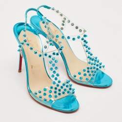 Pre Owned Christian Louboutin Blue Turquoise Spiked PVC J-Lissimo T Strap Sandals Size 38.5