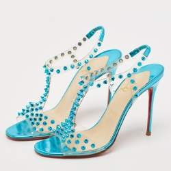 Pre Owned Christian Louboutin Blue Turquoise Spiked PVC J-Lissimo T Strap Sandals Size 38.5