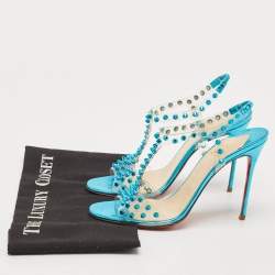 Pre Owned Christian Louboutin Blue Turquoise Spiked PVC J-Lissimo T Strap Sandals Size 38.5