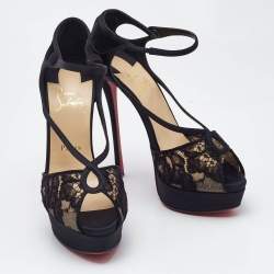 Christian Louboutin Black Lace and Satin Platform Sandals Size 38