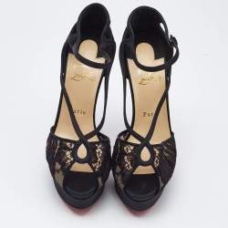 Christian Louboutin Black Lace and Satin Platform Sandals Size 38