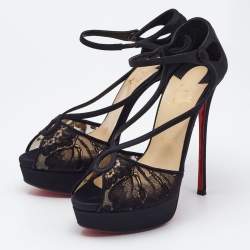 Christian Louboutin Black Lace and Satin Platform Sandals Size 38