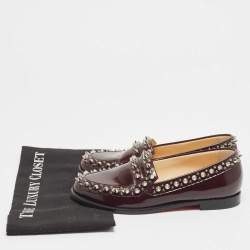 Christian Louboutin Burgundy Leather Spike Embellished Slip On Loafers Size 36.5