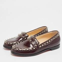 Christian Louboutin Burgundy Leather Spike Embellished Slip On Loafers Size 36.5