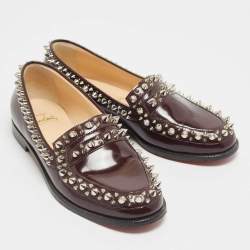 Christian Louboutin Burgundy Leather Spike Embellished Slip On Loafers Size 36.5