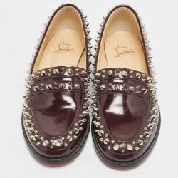 Christian Louboutin Burgundy Leather Spike Embellished Slip On Loafers Size 36.5
