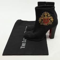 Pre Owned Christian Louboutin Black Suede Embroidered Patch Collegissima Mid Calf Boots Size 36