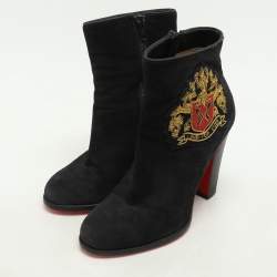 Pre Owned Christian Louboutin Black Suede Embroidered Patch Collegissima Mid Calf Boots Size 36