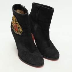 Pre Owned Christian Louboutin Black Suede Embroidered Patch Collegissima Mid Calf Boots Size 36
