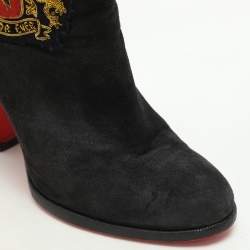 Pre Owned Christian Louboutin Black Suede Embroidered Patch Collegissima Mid Calf Boots Size 36