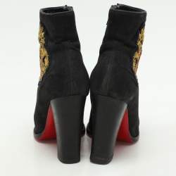 Pre Owned Christian Louboutin Black Suede Embroidered Patch Collegissima Mid Calf Boots Size 36