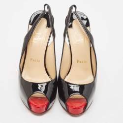 Pre Owned Christian Louboutin Black Patent Private Number Slingback Pumps Size 38