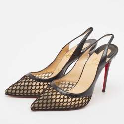 Pre Owned Christian Louboutin Black Leather and Net Miluna Slingback Pumps Size 38
