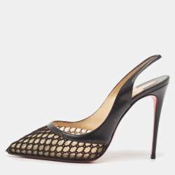 Pre Owned Christian Louboutin Black Leather and Net Miluna Slingback Pumps Size 38