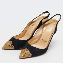 مملوكة مسبقًا حذاء كعب عالي كريستيان لوبوتان "ألماين" بجلد سويدي أسود وذهبي ولامع خلفي مقاس 37.5