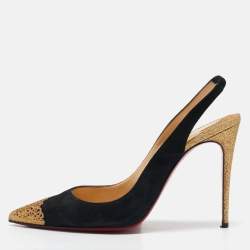 Christian Louboutin Black/Gold Suede and Glitter Almine Slingback Pumps Size 37.5