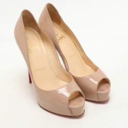 Pre Owned Christian Louboutin Beige Patent Leather Lady Peep Toe Pumps Size 35