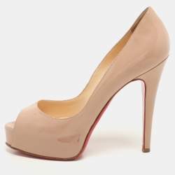 Pre Owned Christian Louboutin Beige Patent Leather Lady Peep Toe Pumps Size 35