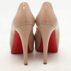 Pre Owned Christian Louboutin Beige Patent Leather Lady Peep Toe Pumps Size 35