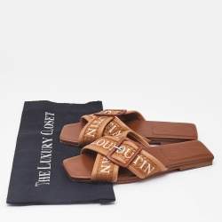 Pre Owned Christian Louboutin Brown Logo Canvas and Leather Crossimule Flat Slides Size 37.5