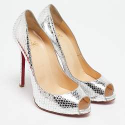 Christian Louboutin Silver Python Flo Peep Toe Pumps Size 37