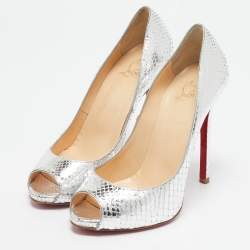 Christian Louboutin Silver Python Flo Peep Toe Pumps Size 37