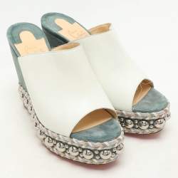 Christian Louboutin White/Green Leather Janibasse Wedge Sandals Size 39