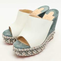 Christian Louboutin White/Green Leather Janibasse Wedge Sandals Size 39