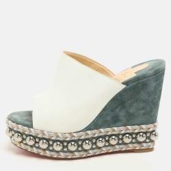 Christian Louboutin White/Green Leather Janibasse Wedge Sandals Size 39