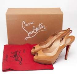 Christian Louboutin Beige Patent Leather Private Number Slingback Pumps Size 35.5