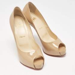 Christian Louboutin Beige Patent Leather Very Prive Peep Toe Platform Pumps Size 38.5