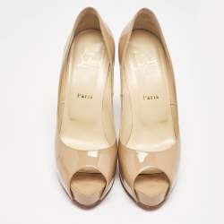 Christian Louboutin Beige Patent Leather Very Prive Peep Toe Platform Pumps Size 38.5