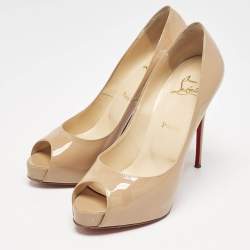 Christian Louboutin Beige Patent Leather Very Prive Peep Toe Platform Pumps Size 38.5
