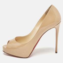Christian Louboutin Beige Patent Leather Very Prive Peep Toe Platform Pumps Size 38.5