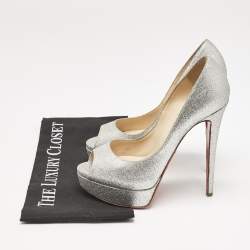 Christian Louboutin Metallic Silver Glitter Lady Peep Toe Platform Pumps Size 38