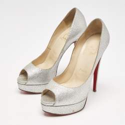 Christian Louboutin Metallic Silver Glitter Lady Peep Toe Platform Pumps Size 38