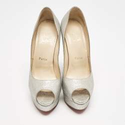 Christian Louboutin Metallic Silver Glitter Lady Peep Toe Platform Pumps Size 38