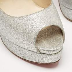 Christian Louboutin Metallic Silver Glitter Lady Peep Toe Platform Pumps Size 38