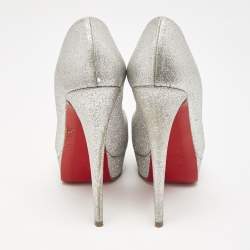 Christian Louboutin Metallic Silver Glitter Lady Peep Toe Platform Pumps Size 38