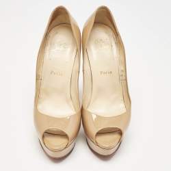 Pre Owned Christian Louboutin Beige Patent Leather Very Prive Peep Toe Pumps Size 39