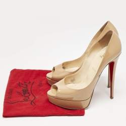 Pre Owned Christian Louboutin Beige Patent Leather Very Prive Peep Toe Pumps Size 39