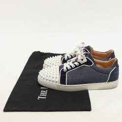 Christian Louboutin Blue/White Denim And Leather Vieira Spikes Low Top Sneakers Size 37