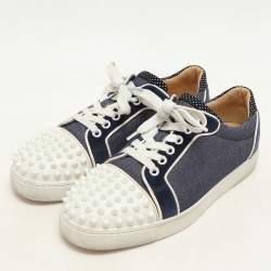 Christian Louboutin Blue/White Denim And Leather Vieira Spikes Low Top Sneakers Size 37